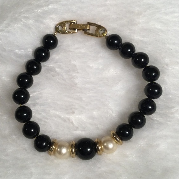 Napier Jewelry - Napier Black Bead Bracelet with Pearl Accent and Gold-Tone Hardware